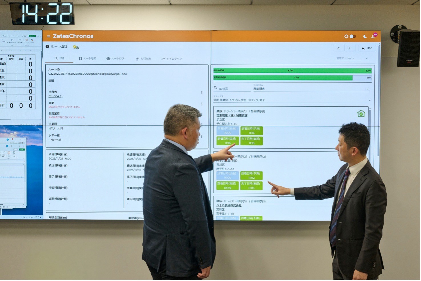 本社のフロアには、ZetesChronos™の管理画面を表示する大型ディスプレイが設置されている。