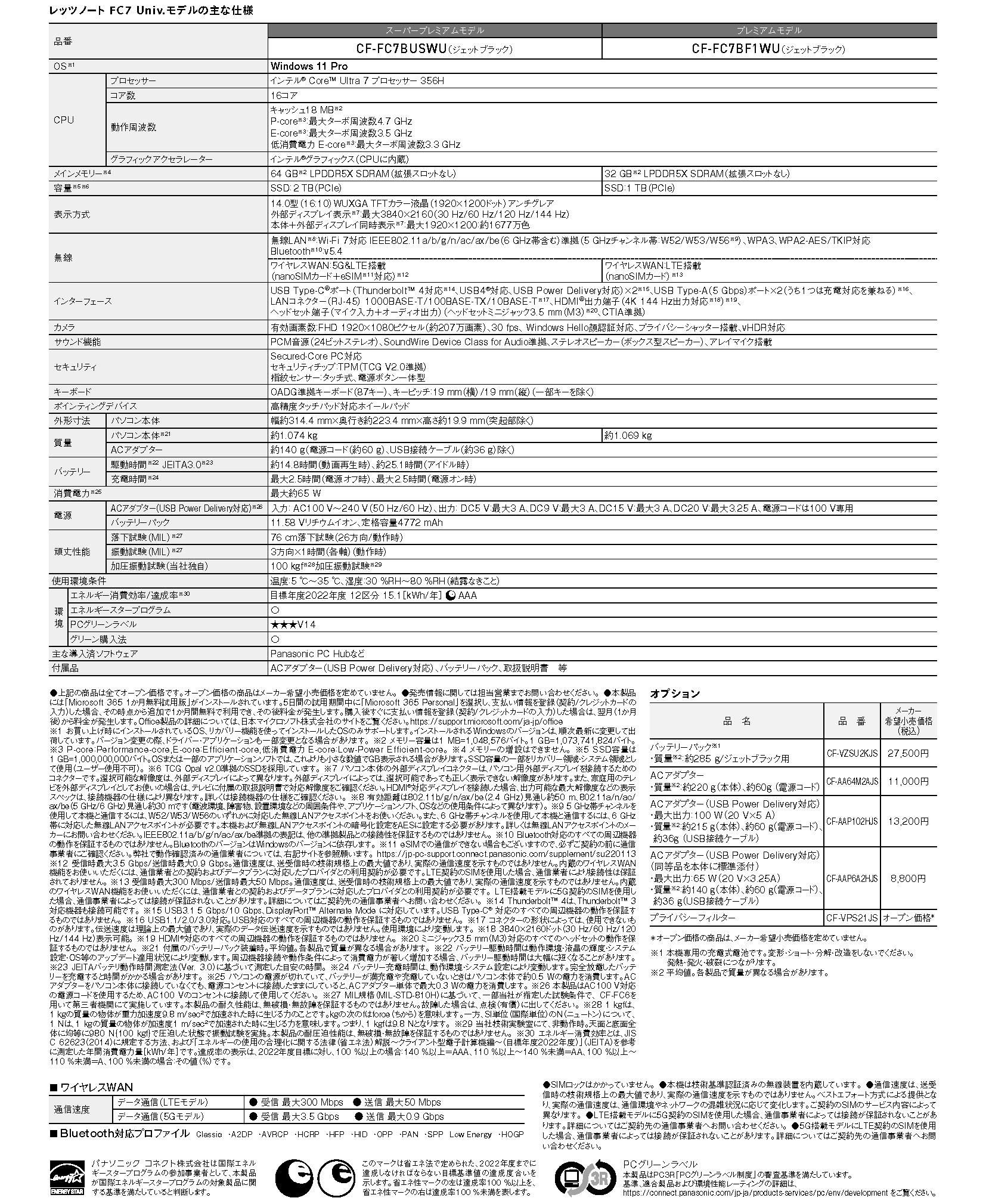 FC7 Univ.モデルの仕様表